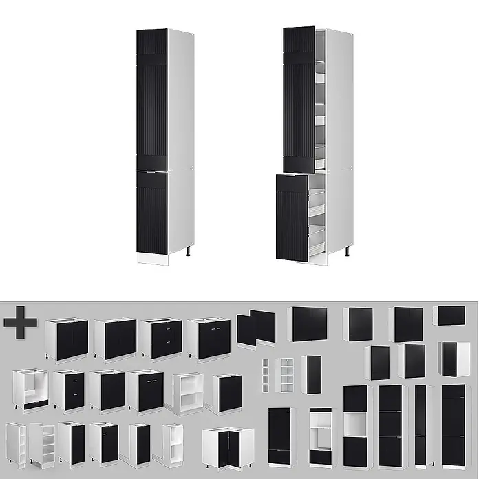 Vicco Apothekerschrank Fame-Line, Schwarz gestreift, 30 cm -  - Modulare Küchenschränke in Schwarz-Weiß mit geriffelten Fronten, darunter hohe Vorratsschränke mit Auszügen sowie verschiedene Unter- und Oberschränke.