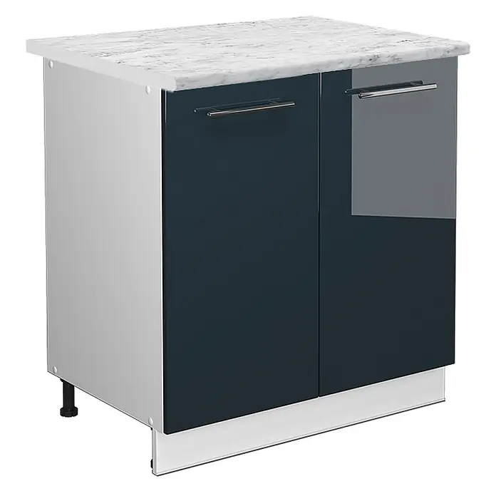 Vicco Schrankküche Fame-Line Dunkelblau Hochglanz mit Regal, AP Marmor - Dunkelblau Hochglanz, Unterschrank 80 cm - Küchenunterschrank mit dunkelblauen Hochglanztüren, weißer Marmor-Arbeitsplatte und hellgrauen Seiten.