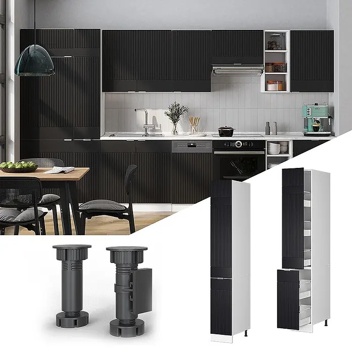 Vicco Apothekerschrank Fame-Line, Schwarz gestreift, 30 cm -  - Moderne Küche mit schwarzen geriffelten Schränken und verstellbaren dunkelgrauen Möbelfüßen.
