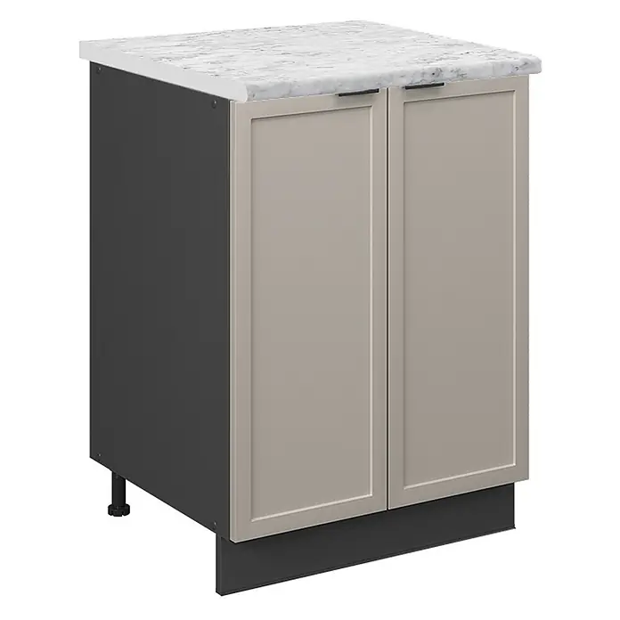 Vicco Schrankküche Fame-Line GrauBeige, AP Marmor - GrauBeige, Unterschrank 60 cm, AP Marmor - Heller beiger Unterschrank mit weißer Marmor-Arbeitsplatte, dunkelgrauer Seitenwand, Sockelblende und Griffen.