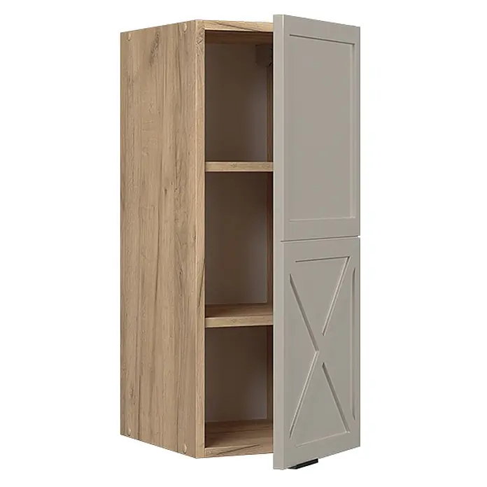 Vicco Schrankküche Fame-Line GrauBeige - GrauBeige, Hängeschrank 30 cm - Wandhängeschrank in heller Holzoptik mit geöffneter grauer Tür mit Kreuzdesign und Innenfächern.