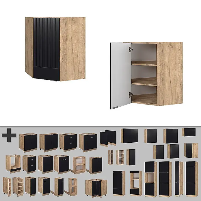 Vicco Eckhängeschrank Fame-Line, Schwarz gestreift, 57 cm -  - Modulare Küchenschränke: Eiche-Optik und Schwarz, darunter Eck-, Unter-, Ober- und Hochschränke für flexibles Küchendesign.