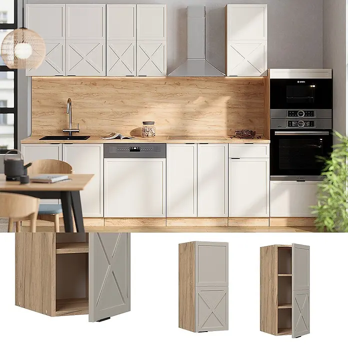 Vicco Schrankküche Fame-Line GrauBeige - GrauBeige, Hängeschrank 30 cm - Helle Holz- und hellgraue Küchenschränke mit X-Detailtüren, bieten vielseitige Aufbewahrungslösungen.