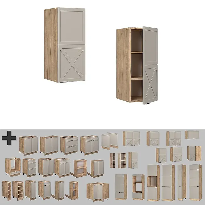 Vicco Schrankküche Fame-Line GrauBeige - GrauBeige, Hängeschrank 30 cm - Sammlung heller Holz- und grauer Küchenschränke mit X-Design-Türen, in verschiedenen Unter-, Ober- und offenen Regalvarianten.