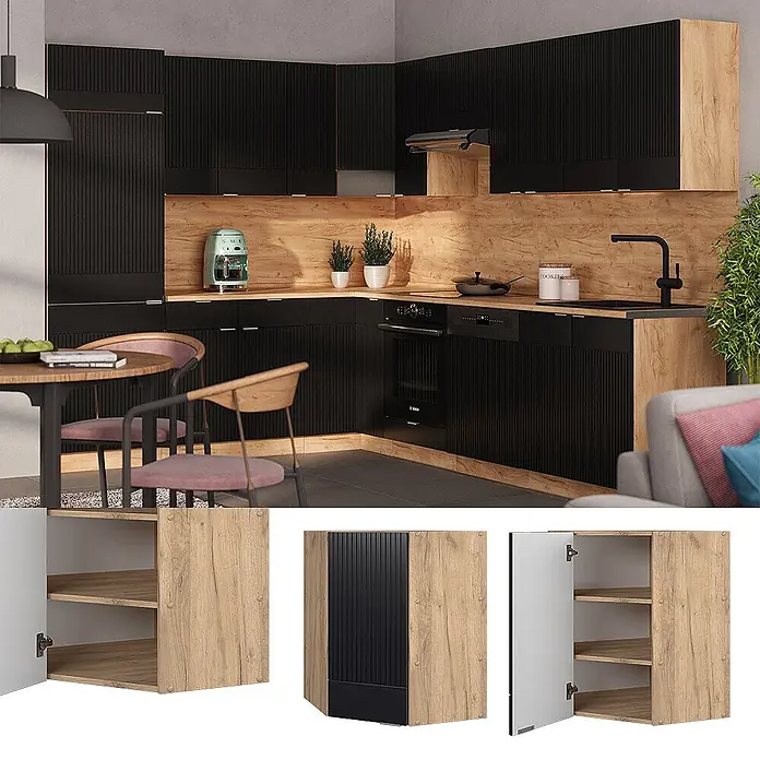 Vicco Schrankküche Fame-Line Schwarz gestreift - Schwarz gestreift, Eckhängeschrank 57 cm - Stilvolle schwarze geriffelte Küchenmodule mit hellen Holzdetails, zeigen integrierte Geräte und Stauraum.