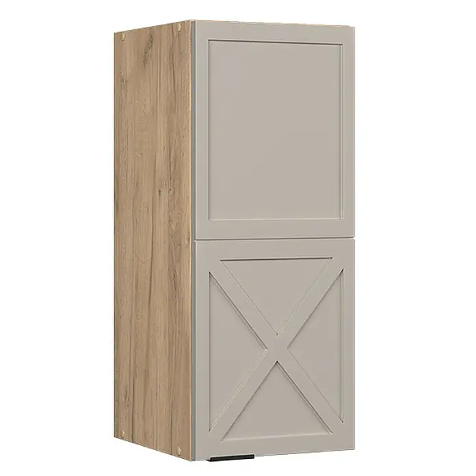 Vicco Schrankküche Fame-Line GrauBeige - GrauBeige, Hängeschrank 30 cm - Zweitüriger Schrank mit heller Holzoptik-Seitenwand und grauen Türen. Obere Tür mit Rahmen, untere Tür mit Kreuzdesign.