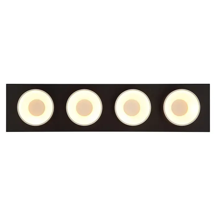 Globo Deckenleuchte Raymond - L x B x H: 860 x 200 x 110 mm, Lichtfarbe: Warmweiß - Vier runde Leuchten auf einer dunklen Platte, jede mit warmem Schein und einem weißen Außenring.