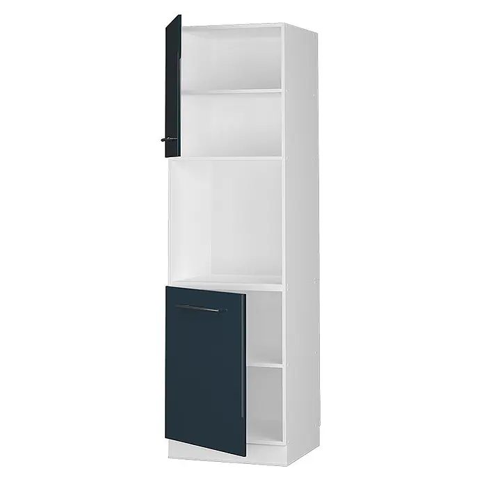 Vicco Schrankküche Fame-Line Dunkelblau Hochglanz mit offenem Regal - Breite: 60 cm, Dunkelblau Hochglanz, Herdumbauschrank hoch 60 cm - Hohes, weißes Regal mit zwei dunkelblauen Türen und offenen Mittelfächern.