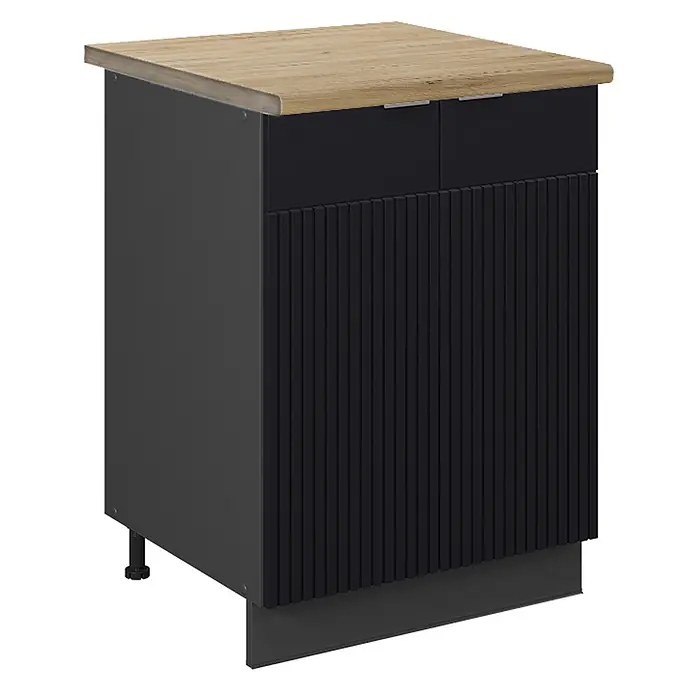 Vicco Küchenunterschrank Fame-Line, Schwarz gestreift, 60 cm -  - Dunkelgrauer Küchenunterschrank mit Eichen-Effekt-Platte, zwei Schubladen und geriffelter schwarzer Front.