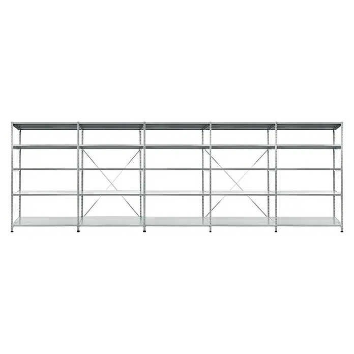 Scholz Metallregal SE - Höhe: 192 cm, B x T: 509 x 60 cm, Traglast pro Boden: 200 kg, Anzahl Böden: 5 Stk., Stecken, Silber - Ein großes, silbernes Lagerregal mit mehreren Ebenen, ideal zur Aufbewahrung von Gegenständen. Robuste Konstruktion für hohe Belastbarkeit.