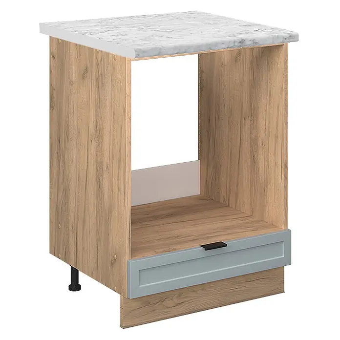 Vicco Schrankküche Fame-Line Hellblau-grau, AP Marmor - Hellblau-grau, Herdumbauschrank 60 cm, AP Marmor - Holzoptik Küchenunterschrank mit Marmor-Arbeitsplatte, hellgrauer Schublade und Gerätenische.