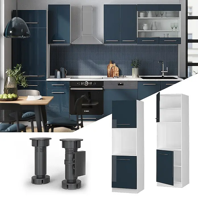 Vicco Schrankküche Fame-Line Dunkelblau Hochglanz mit offenem Regal - Dunkelblau Hochglanz, Herdumbauschrank hoch 60 cm - Moderne Küche mit glänzenden blauen Schränken, integrierten Geräten und verstellbaren Stützfüßen.