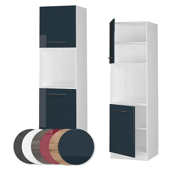 Vicco Schrankküche Fame-Line Dunkelblau Hochglanz mit offenem Regal - Breite: 60 cm, Dunkelblau Hochglanz, Herdumbauschrank hoch 60 cm - Hoher modulare Schrank mit weißem Korpus und dunkelblauen Glanztüren, offen und geschlossen. Mehrere Farboptionen verfügbar.