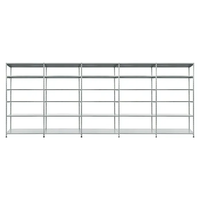 Scholz Metallregal SE - Höhe: 228 cm, B x T: 509 x 30 cm, Traglast pro Boden: 100 kg, Anzahl Böden: 6 Stk., Stecken, Silber - Silbernes Metallregal mit fünf Ebenen, ideal für Lagerung und Organisation. Das robuste Regal bietet viel Stauraum für verschiedene Gegenstände.