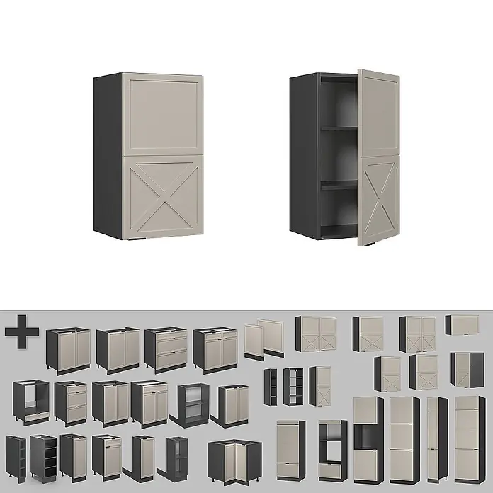Vicco Schrankküche Fame-Line GrauBeige - GrauBeige, Hängeschrank 40 cm - Helle beige und graue modulare Küchenschränke, verschiedene Typen zur Aufbewahrung, teils mit X-Türen.