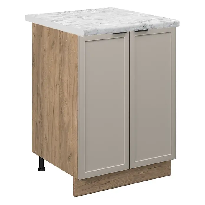 Vicco Schrankküche Fame-Line GrauBeige, AP Marmor - GrauBeige, Unterschrank 60 cm, AP Marmor - Unterschrank in heller Holzoptik mit weißer Marmorplatte, hellgrauen Türen und schwarzen Griffen.