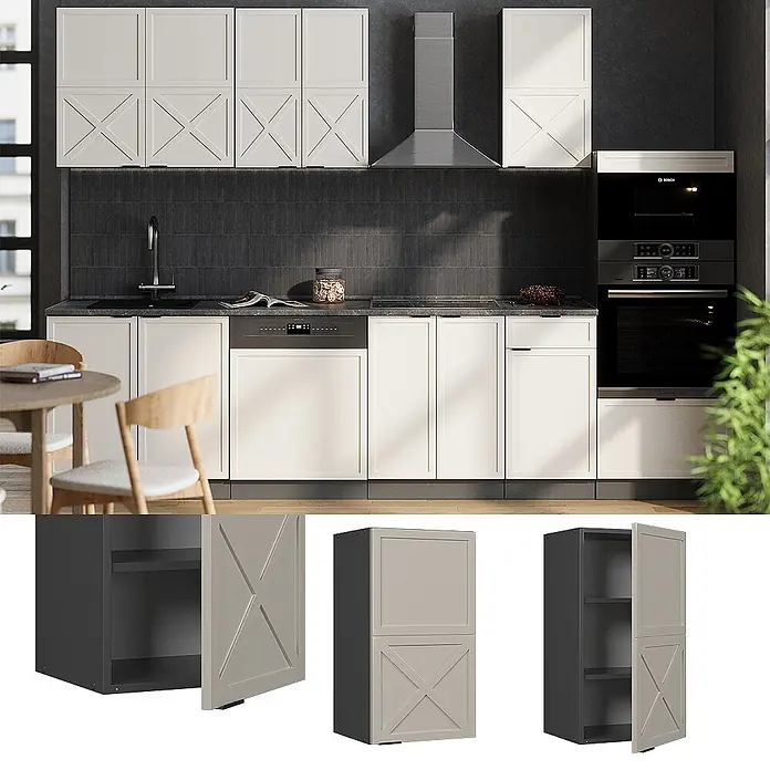 Vicco Schrankküche Fame-Line GrauBeige - GrauBeige, Hängeschrank 40 cm - Moderne, hellbeige Küchenhängeschränke mit dekorativen X-Muster-Türen in einer Küche.