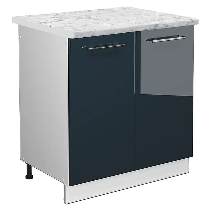 Vicco Schrankküche Fame-Line Dunkelblau Hochglanz, AP Marmor - Dunkelblau Hochglanz, Spülenunterschrank 80 cm, AP Marmor - Küchenunterschrank mit weißer Marmor-Optik Platte, hochglänzenden dunkelblauen Türen, silbernen Griffen und grauen Seiten.