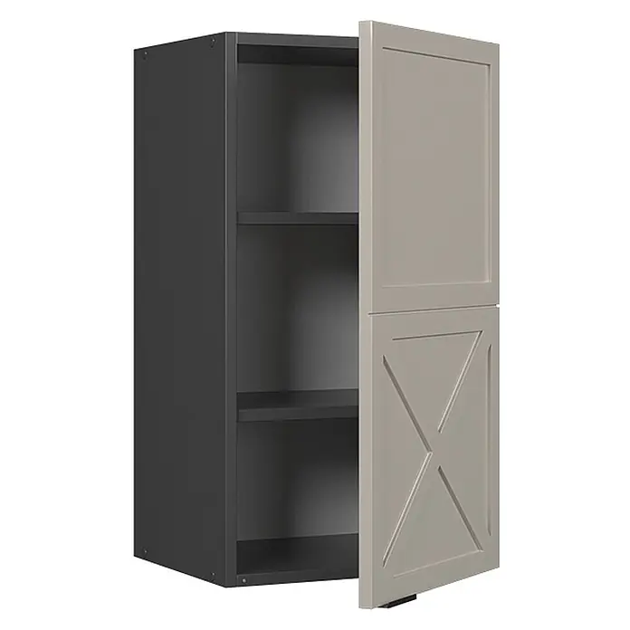 Vicco Schrankküche Fame-Line GrauBeige - GrauBeige, Hängeschrank 40 cm - Dunkelgrauer Wandschrank mit leicht geöffneter hellgrauer Tür mit X-Design, die Regalböden im Inneren zeigt.