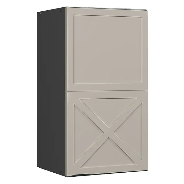 Vicco Schrankküche Fame-Line GrauBeige - GrauBeige, Hängeschrank 40 cm - Beiger zweitüriger Schrank mit dunkelgrauer Seitenwand; untere Tür mit X-förmigem Paneeldesign.