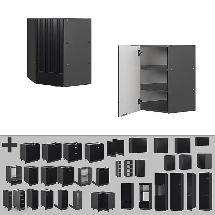 Vicco Eckhängeschrank Fame-Line, Schwarz gestreift, 57 cm -  - Sammlung dunkelgrauer Küchenschrankmodule, einschließlich Unter-, Wand- und Hochschränke mit verschiedenen Fronten.