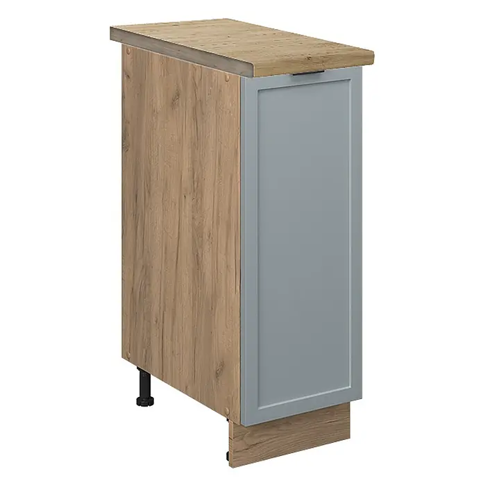 Vicco Schrankküche Fame-Line Hellblau-grau, AP Eiche - Hellblau-grau, Apothekerunterschrank 30 cm, AP Eiche - Modularer Küchenunterschrank: helle Holzoptik-Oberfläche und Korpus, hellgraue Rahmentür mit Griff.