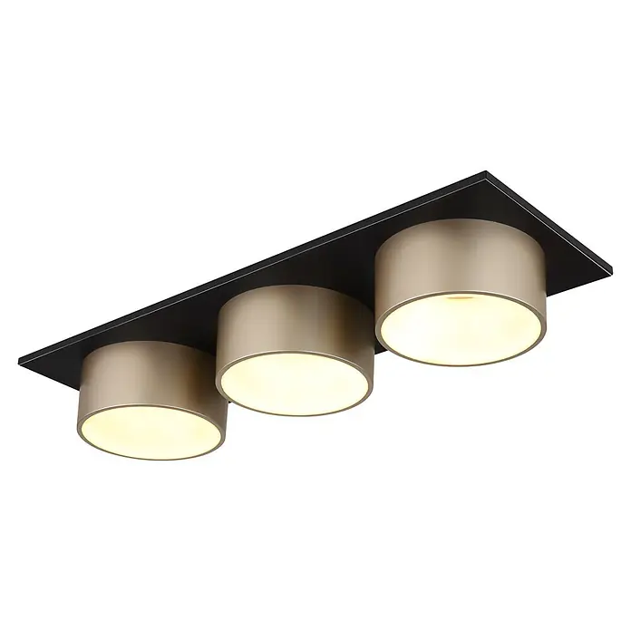 Globo Deckenleuchte Raymond - 24 W, L x B x H: 580 x 200 x 110 mm, Lichtfarbe: Warmweiß - Schwarze rechteckige Deckenleuchte mit drei beleuchteten zylindrischen hellgoldenen Strahlern.
