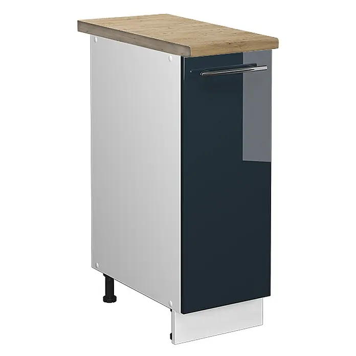 Vicco Schrankküche Fame-Line Dunkelblau Hochglanz, AP Eiche - Dunkelblau Hochglanz, Apothekerunterschrank 30 cm, AP Eiche - Glänzender dunkelblauer Küchenunterschrank mit Holzplatte, weißer Seitenwand, Metallgriff und verstellbaren Füßen.