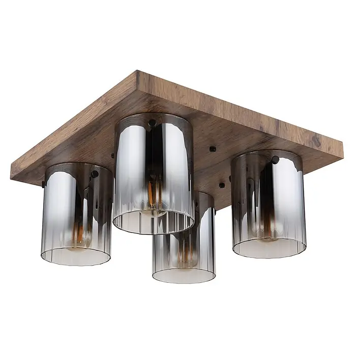 Globo Deckenleuchte Underwood - 40 W, L x B x H: 410 x 410 x 180 mm, E27 - Deckenleuchte aus Holz mit vier zylindrischen Rauchglas-Schirmen und sichtbaren Glühbirnen.