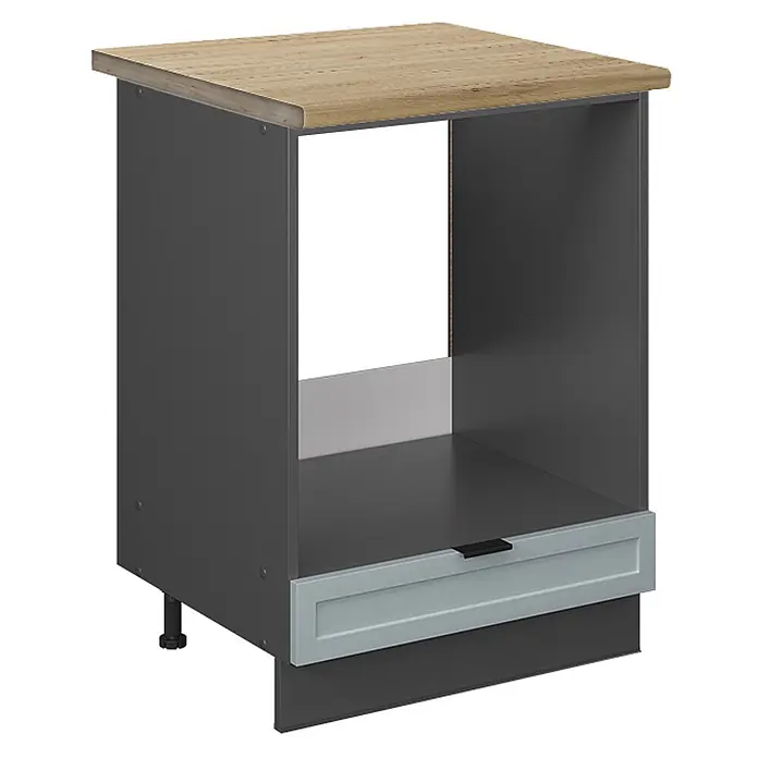 Vicco Schrankküche Fame-Line Hellblau-grau, AP Eiche - Hellblau-grau, Herdumbauschrank 60 cm, AP Eiche - Dunkelgrauer Küchenunterschrank mit heller Holzplatte, offenem Fach, hellgrauer Kassettenschublade und verstellbaren Füßen.