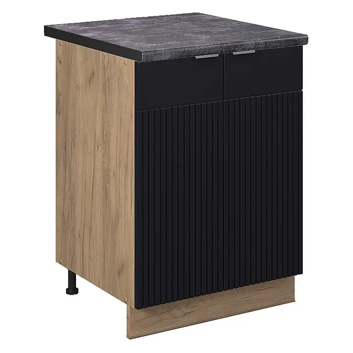 Vicco Küchenunterschrank Fame-Line, Schwarz gestreift, 60 cm -  - Küchenunterschrank mit dunkelgrauer Arbeitsplatte, schwarzen Schubladen, gerippter Front und heller Holzmaserung.