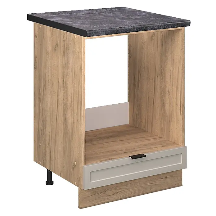 Vicco Schrankküche Fame-Line GrauBeige, AP Anthrazit - GrauBeige, Herdumbauschrank 60 cm, AP Anthrazit - Backofenschrank in heller Holzoptik mit dunkelgrauer Arbeitsplatte und heller Schublade.