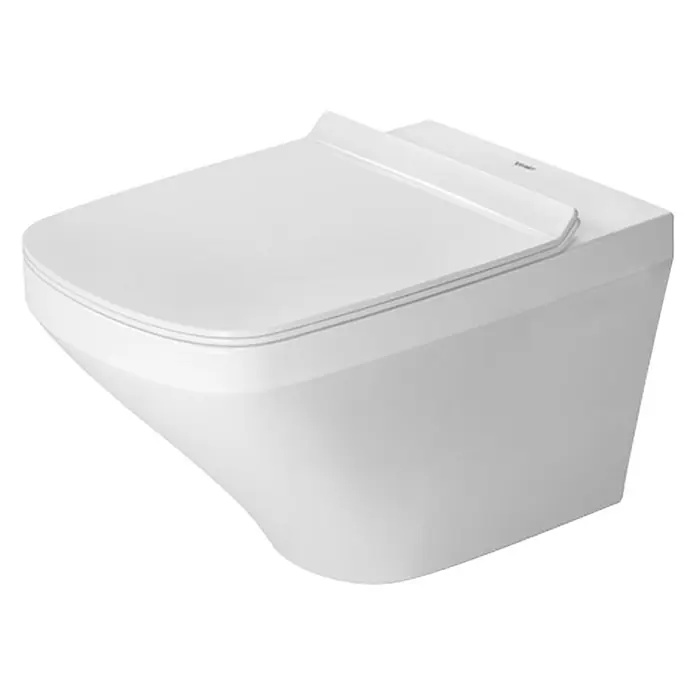 Duravit DuraStyle Wand-WC-Set - Spülrandlos, Ohne Spezialglasur, Spülform: Tief, WC Abgang: Waagerecht, Weiß - Nahaufnahme einer modernen, wandhängenden weißen Toilette mit einem schlanken Design.