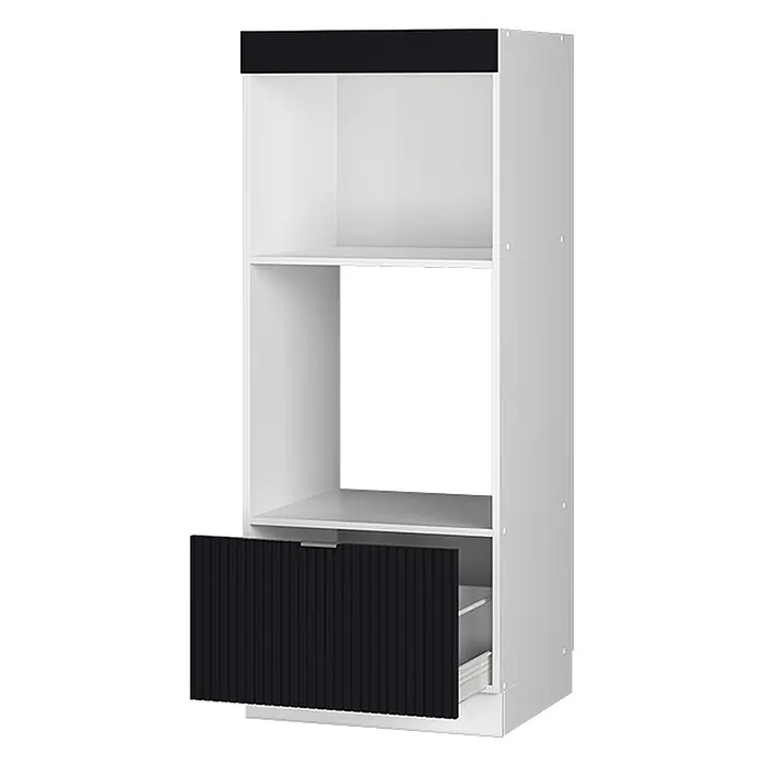 Vicco Mikrowellenschrank Fame-Line, Schwarz gestreift, 60 cm -  - Weißer Hochschrank mit geriffelter schwarzer Oberseite und teilweise geöffneter geriffelter schwarzer Schublade, zwei offene Fächer.