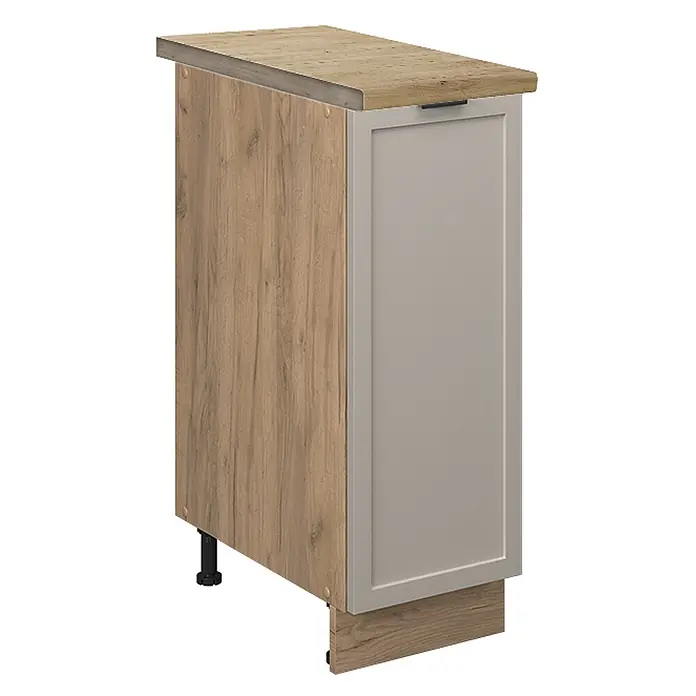 Vicco Schrankküche Fame-Line GrauBeige, AP Eiche - GrauBeige, Apothekerunterschrank 30 cm, AP Eiche - Unterschrank in heller Holzoptik mit hellgrauer Kassettentür, schwarzem Griff und verstellbaren Füßen.