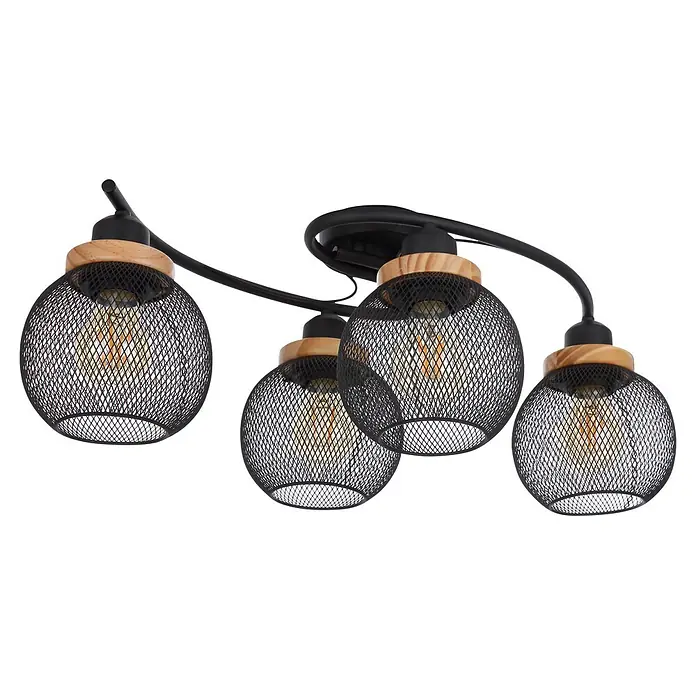 Globo Deckenleuchte Pablo - 40 W, L x B x H: 600 x 350 x 220 mm, E27 - Schwarze Deckenleuchte aus Metall mit vier kugelförmigen Netzschirmen, Holzdetails und sichtbaren Edison-Glühbirnen.