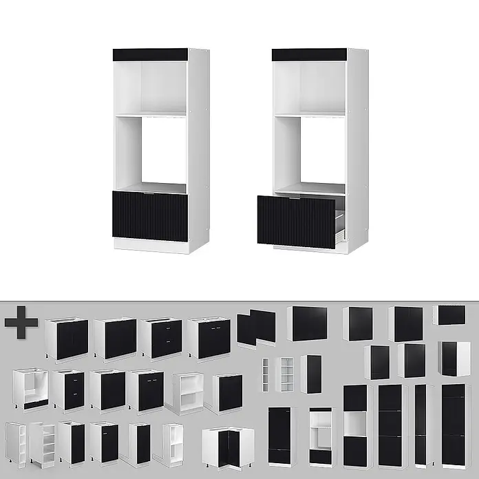Vicco Mikrowellenschrank Fame-Line, Schwarz gestreift, 60 cm -  - Hoher weißer Küchenschrank mit schwarzer geriffelter Schublade, für Einbaubackofen. Passende schwarz-weiße Küchenmodule.