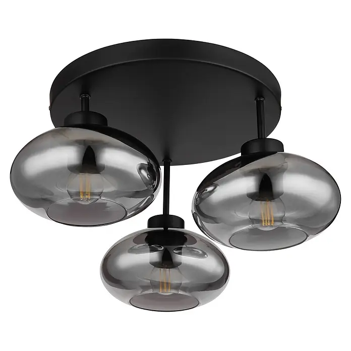Globo Deckenleuchte Shaun - 40 W, E27 - Schwarze Deckenleuchte mit drei Rauchglas-Schirmen und sichtbaren Filamentbirnen.