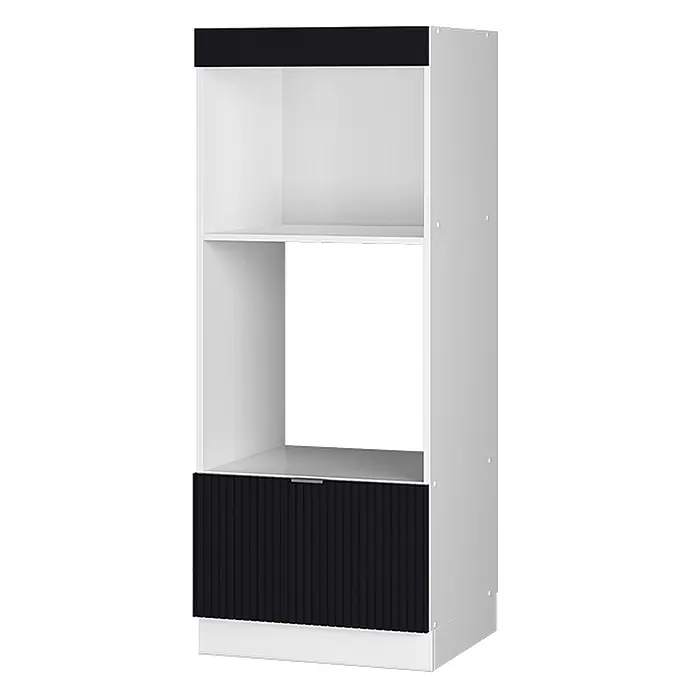 Vicco Mikrowellenschrank Fame-Line, Schwarz gestreift, 60 cm -  - Hoher weißer Lagerschrank mit schwarzer Oberblende und schwarzer geriffelter Schublade unten, mit offenen Fächern und einem großen Fach.