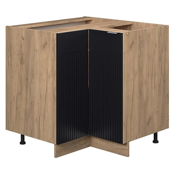 Vicco Eckunterschrank Fame-Line, Schwarz gestreift, 80.5 cm -  - Heller Eckunterschrank in Holzoptik mit schwarzen geriffelten Türen.