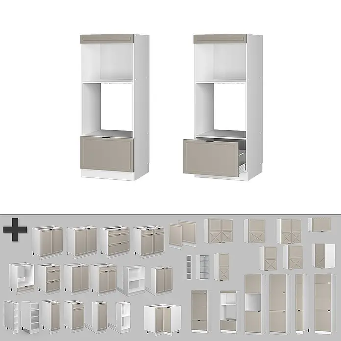 Vicco Schrankküche Fame-Line GrauBeige offen - GrauBeige, Mikrowellenumbauschrank 60 cm - Weiße Küchenschränke mit hellbraunen Fronten. Inklusive Hochschränken mit Regalen und Schubladen sowie verschiedenen modularen Unter- und Oberschränken.