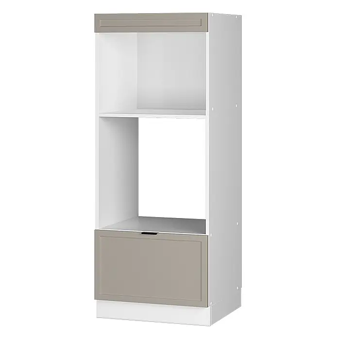 Vicco Schrankküche Fame-Line GrauBeige offen - GrauBeige, Mikrowellenumbauschrank 60 cm - Weißer Hochschrank mit offenen Nischen für Geräte und einer greigen Schublade sowie Blende oben.