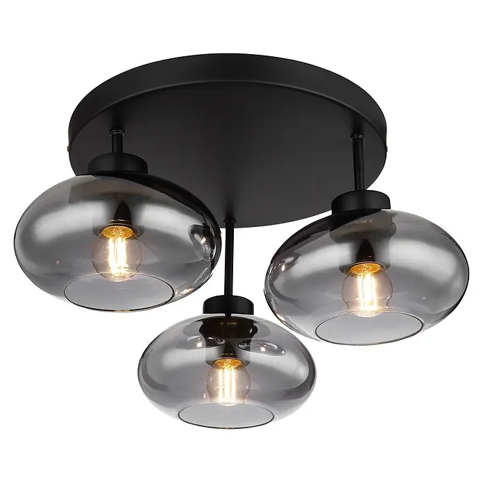 Globo Deckenleuchte Shaun - 40 W, E27 - Moderne schwarze Deckenleuchte mit drei rauchgrauen Glasschirmen, jeweils mit einer beleuchteten Edison-Birne.