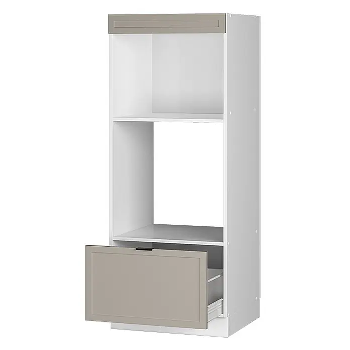 Vicco Schrankküche Fame-Line GrauBeige offen - GrauBeige, Mikrowellenumbauschrank 60 cm - Weißer Hochschrank mit zwei offenen Fächern, einer taupefarbenen oberen Tür und einer teilweise geöffneten taupefarbenen unteren Schublade.