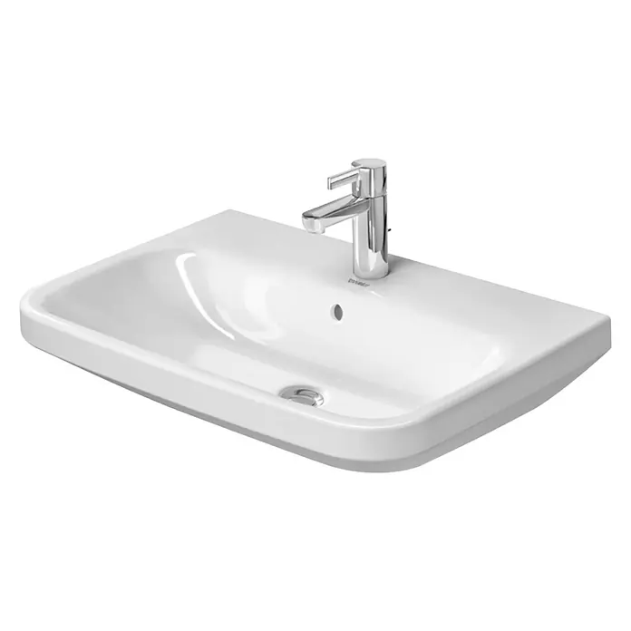 Duravit DuraStyle Waschtisch Typ 2 - 65 x 44 cm, Mit schmutzabweisender Glasur, Hahnloch: Mitte, Mit Überlauf, Weiß - Nahaufnahme eines weißen Aufsatzwaschbeckens mit Armatur. Das Becken hat eine moderne, rechteckige Form.