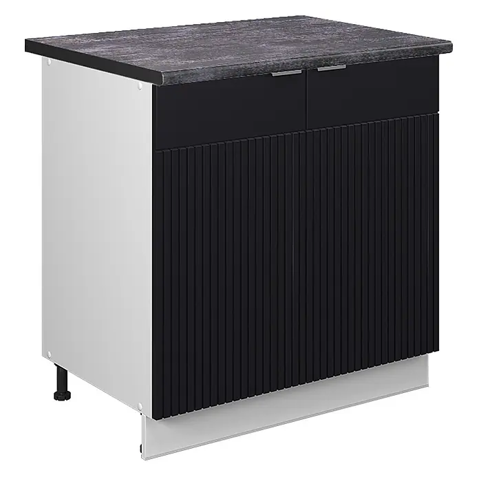 Vicco Schrankküche Fame-Line Schwarz gestreift mit Regal, AP Anthrazit - Schwarz gestreift, Unterschrank 80 cm, AP Anthrazit - Küchenunterschrank mit dunkelgrauer Arbeitsplatte, schwarzen geriffelten Türen/Schubladen und weißen Seiten. Mit verstellbaren Füßen.