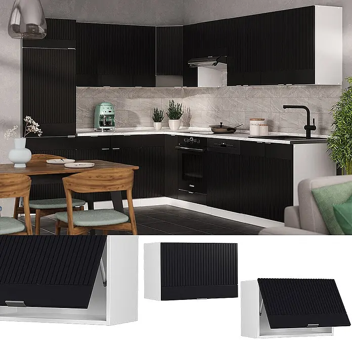 Vicco Schrankküche Fame-Line Schwarz gestreift Flach - Schwarz gestreift, Hängeschrank 60 cm (flach) - Moderne schwarze gerillte Küchenschränke in einem modernen Ambiente, mit einem weißen Wandschrank und einer nach oben öffnenden Tür.