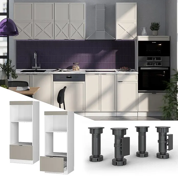 Vicco Schrankküche Fame-Line GrauBeige offen - GrauBeige, Mikrowellenumbauschrank 60 cm - Moderne Küche mit hellbeigen Schränken, integrierten Geräten, lila Spritzschutz, modularen Regaleinheiten und verstellbaren Schranksockeln.