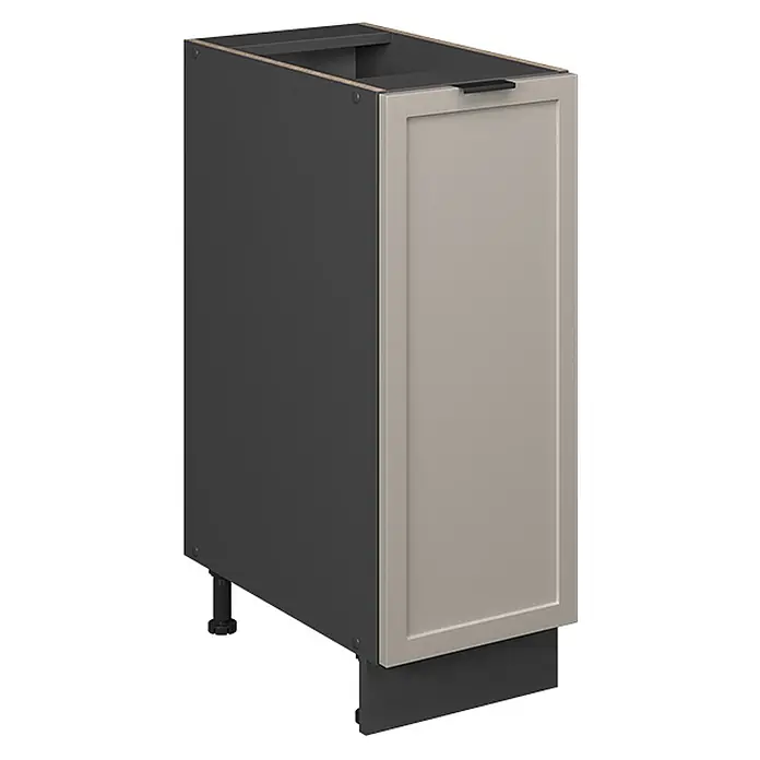 Vicco Schrankküche Fame-Line GrauBeige ohne Arbeitsplatte - GrauBeige, Apothekerunterschrank 30 cm - Dunkelgrauer Küchenunterschrank mit hellbeiger Shaker-Tür, schwarzem Griff und Sockelblende, auf verstellbaren Füßen.