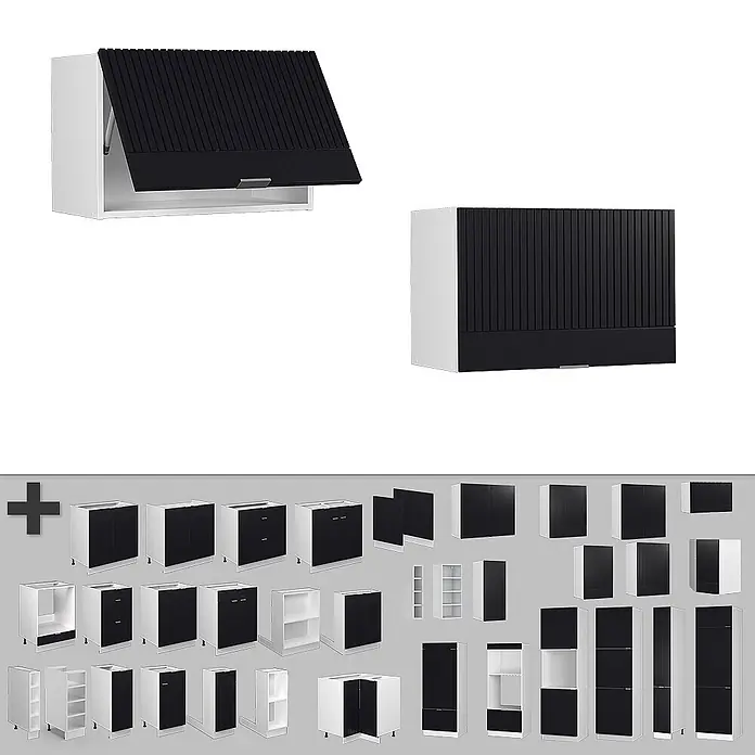 Vicco Schrankküche Fame-Line Schwarz gestreift Flach - Schwarz gestreift, Hängeschrank 60 cm (flach) - Modulares Küchenschranksystem mit weißen Korpen und schwarzen geriffelten Fronten, inklusive Unter-, Ober- und Hochschränken.